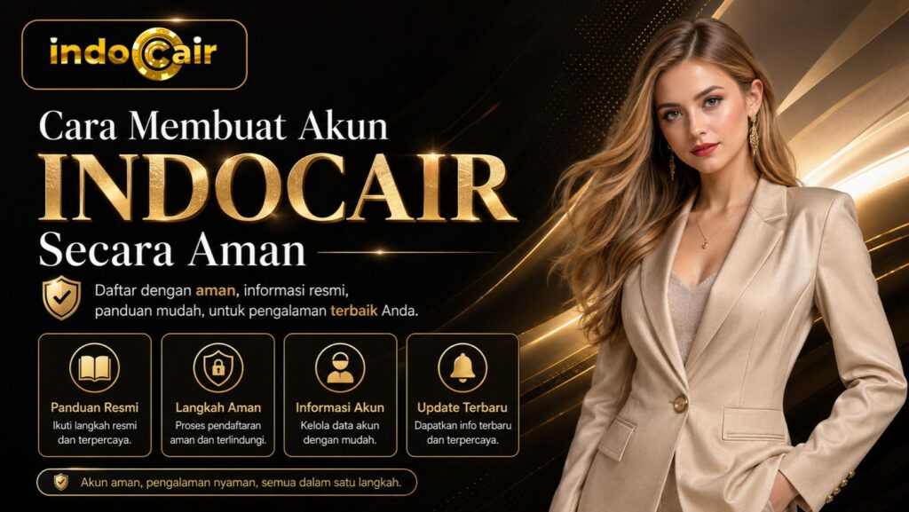 Banner Cara Membuat Akun INDOCAIR Secara Aman bernuansa hitam dan emas, menampilkan wanita memakai jas formal serta ikon akses resmi, panduan aman, verifikasi akun, dan informasi terbaru.