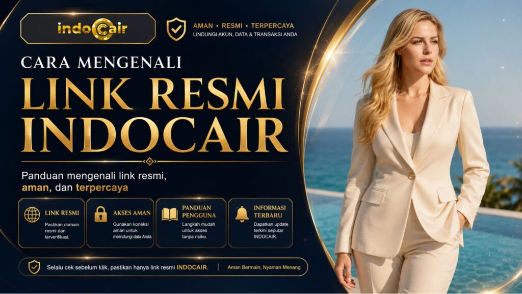 Banner Cara Mengenali Link Resmi INDOCAIR bernuansa biru tua dan emas, menampilkan wanita memakai jas putih serta informasi tentang link resmi, akses aman, panduan pengguna, dan pembaruan terbaru.