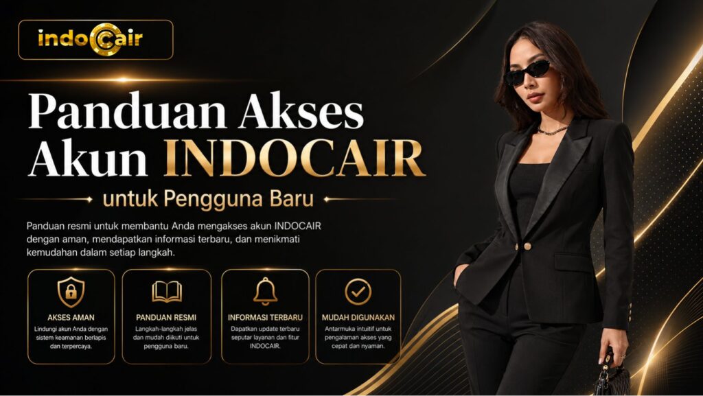 Banner Panduan Akses Akun INDOCAIR untuk Pengguna Baru bernuansa hitam dan emas, menampilkan wanita memakai jas hitam serta ikon akses aman, panduan resmi, informasi terbaru, dan kemudahan penggunaan.