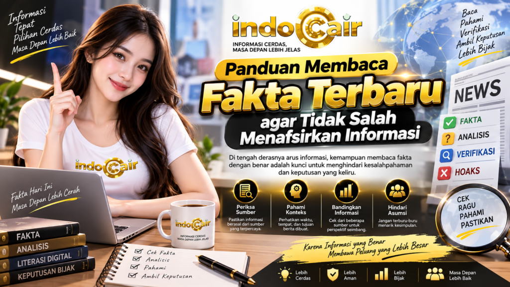 Ilustrasi panduan membaca fakta terbaru dengan cek sumber, analisis informasi, dan wanita berlogo INDOCAIR di depan laptop