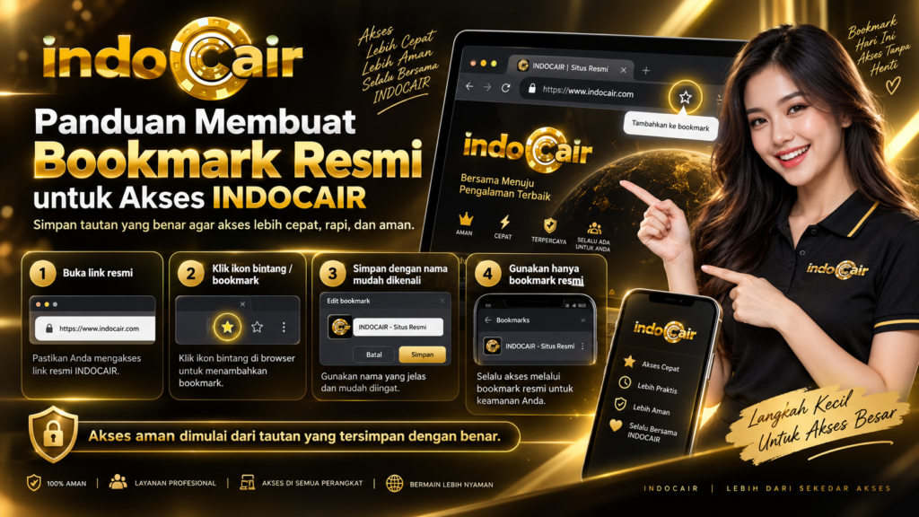 Ilustrasi panduan membuat bookmark INDOCAIR di browser dengan ikon bintang dan langkah menyimpan tautan yang telah diperiksa