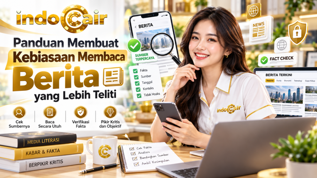 Panduan membuat kebiasaan membaca berita yang lebih teliti dengan memeriksa sumber, membaca secara utuh, memverifikasi fakta, dan berpikir kritis.