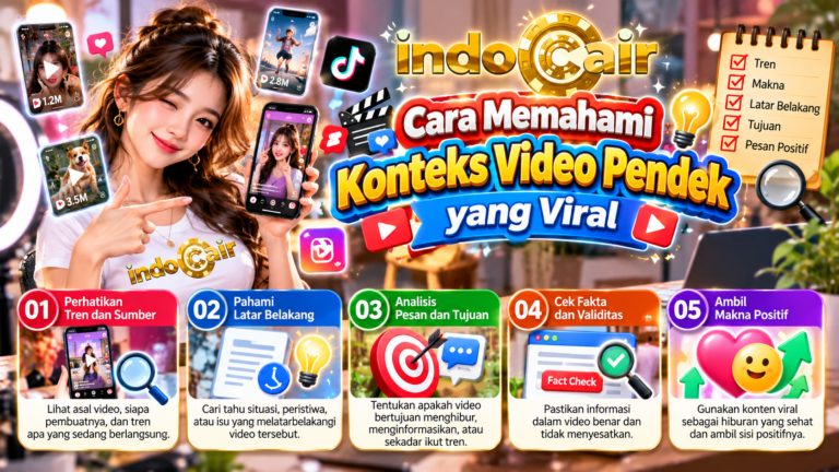 Infografis cara memahami konteks video pendek yang viral, menampilkan wanita berlogo Indocair, smartphone, media sosial, dan lima langkah memeriksa informasi viral.