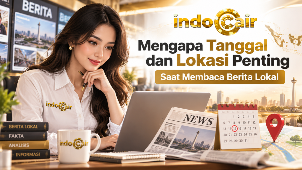 Mengapa tanggal dan lokasi penting saat membaca berita lokal dengan ilustrasi wanita, kalender, peta, dan koran bertema IndoCair.