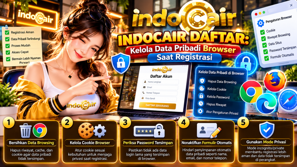 Panduan INDOCAIR DAFTAR untuk mengelola data pribadi browser saat registrasi, menampilkan wanita berbaju logo IndoCair, formulir pendaftaran, pengaturan cookie, kata sandi, dan keamanan browser.