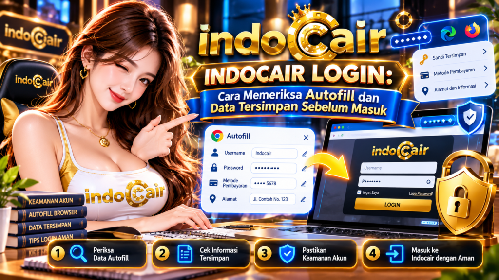 Ilustrasi INDOCAIR LOGIN dengan wanita berlogo Indocair, pengaturan autofill browser, data tersimpan, formulir login, dan ikon keamanan akun.