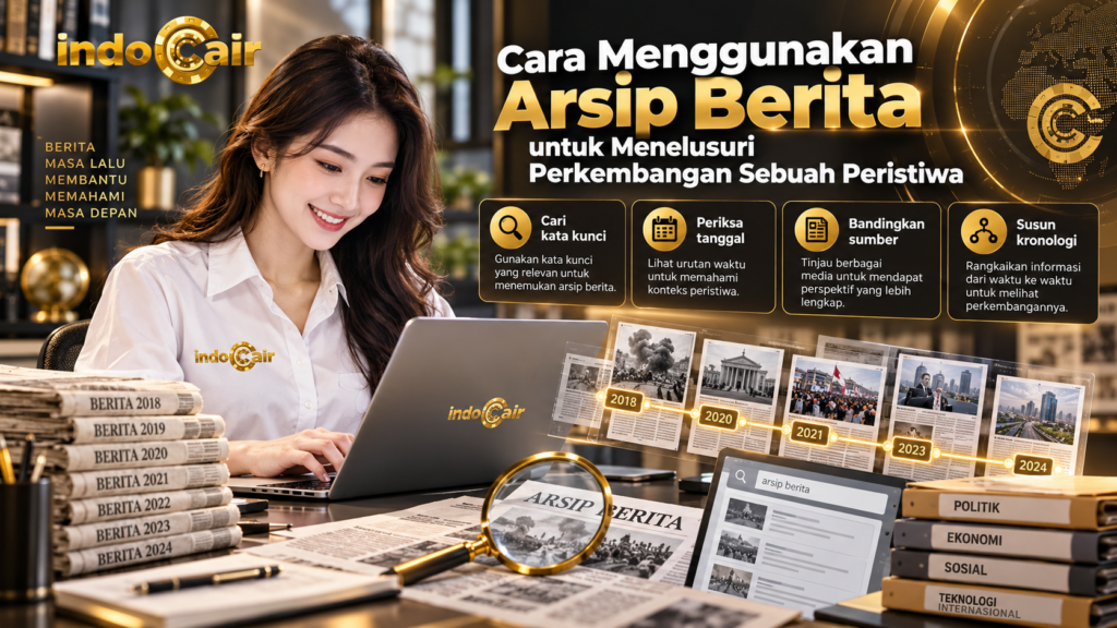 Cara menggunakan arsip berita untuk menelusuri perkembangan sebuah peristiwa dengan mencari kata kunci, memeriksa tanggal, membandingkan sumber, dan menyusun kronologi.