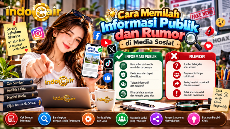 Infografis cara memilah informasi publik dan rumor di media sosial, menampilkan wanita berlogo Indocair, perbandingan berita terpercaya dan hoaks, serta tips verifikasi fakta.