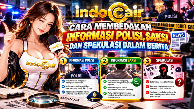 Banner INDOCAIR tentang cara membedakan informasi polisi, keterangan saksi, dan spekulasi dalam berita, menampilkan presenter wanita, petugas kepolisian, narasumber, serta tiga panel edukasi verifikasi fakta.