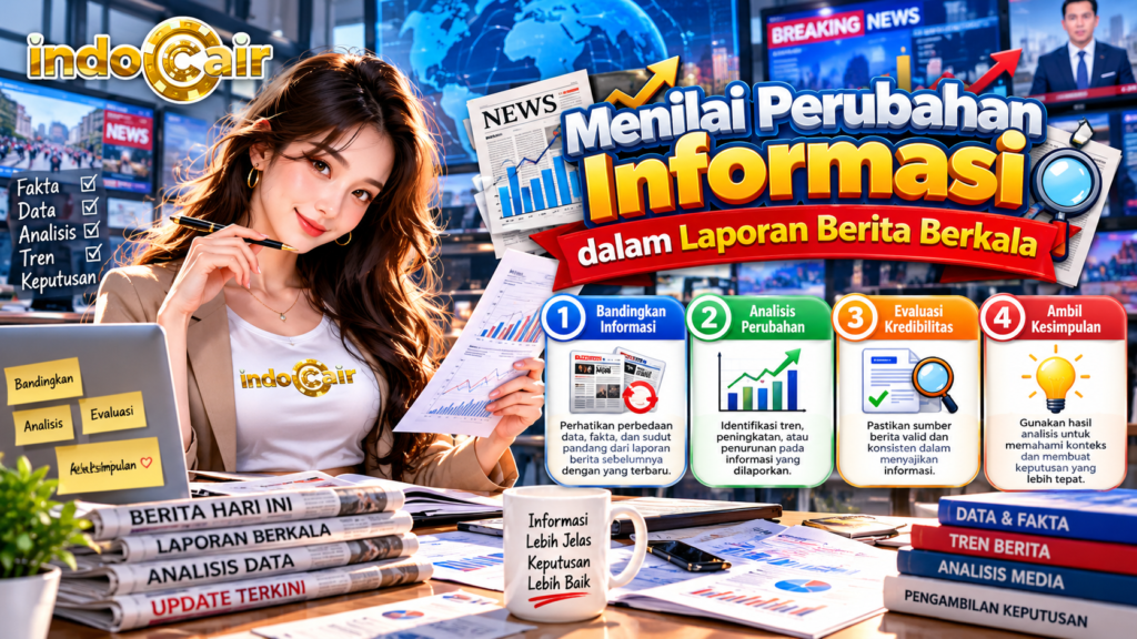 Ilustrasi menilai perubahan informasi dalam laporan berita berkala dengan grafik analisis data, surat kabar, dan wanita berlogo Indocair.