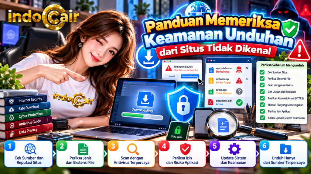 Infografis panduan memeriksa keamanan unduhan dari situs tidak dikenal, menampilkan wanita berlogo Indocair, laptop, peringatan file berbahaya, antivirus, dan ikon perlindungan data.