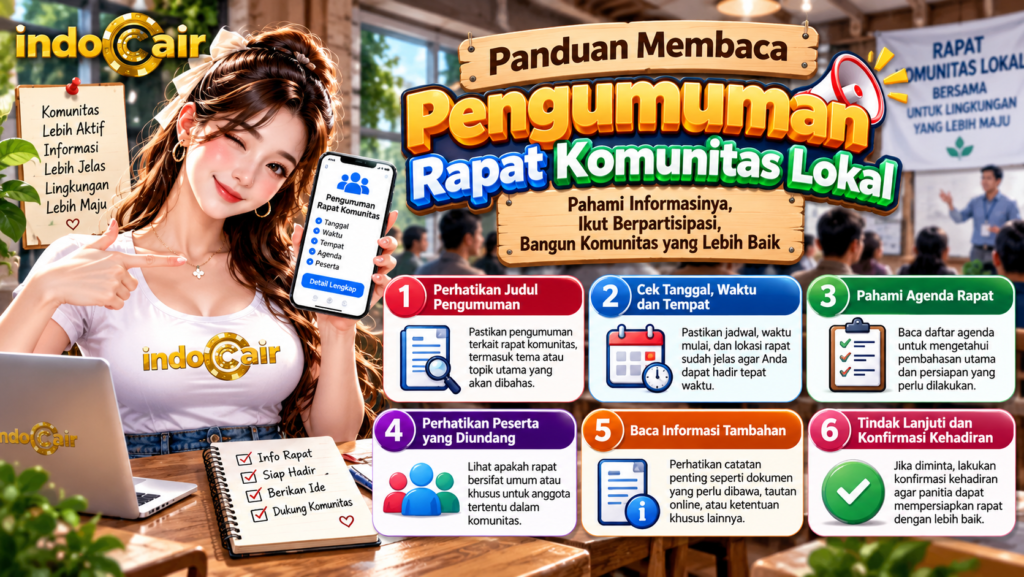 Infografis panduan membaca pengumuman rapat komunitas lokal dari IndoCair, menampilkan wanita memegang smartphone serta enam langkah memahami jadwal, agenda, peserta, dan konfirmasi kehadiran.